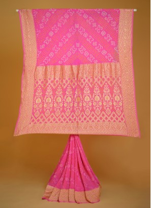 Pink Chiffon Bandhani Saree With Weaving Embroidery