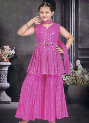 Pink Chiffon Embroidered Palazzo Set With Dupatta