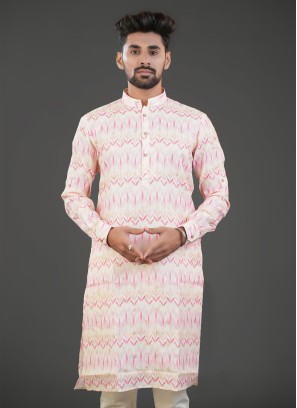 Pink Cotton Silk Printed Kurta For Festive Wear