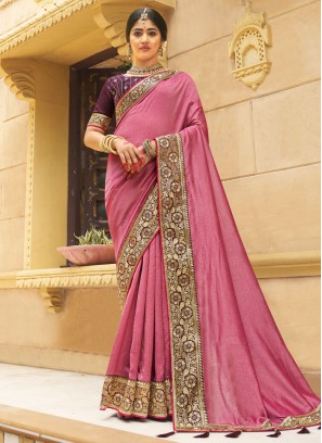 Pink  Artificial Silk Saree With Weaving Border