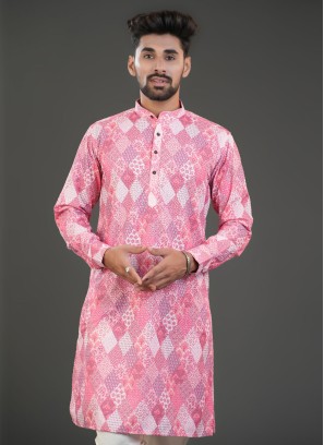 Pink Embroidered Kurta In Cotton Silk
