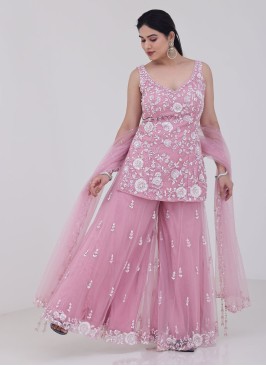 Pink Embroidered Palazzo Set With Dupatta