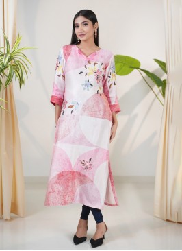 Pink Gajji Silk Printed Kurti For Women