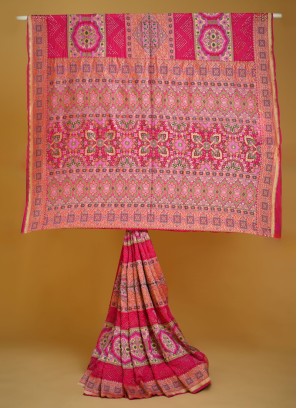 Pink Khadi Silk Bandhani Festive Saree