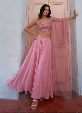 Pink Palazzo And Crop Top Set With Dupatta