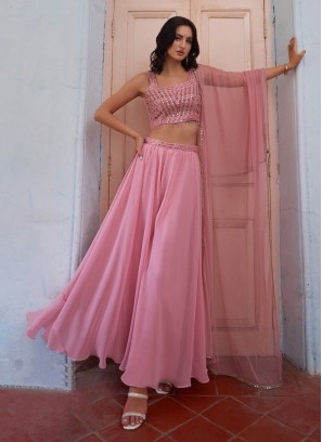Pink Palazzo And Crop Top Set With Dupatta