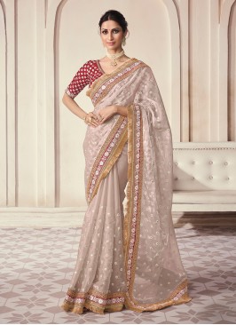 Beige Color Wedding Wear Organza Classic Saree