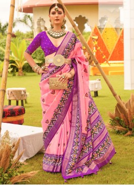 Designer Pink & Purple Contemporary Silk Saree