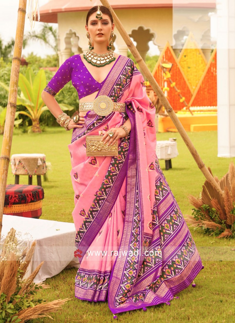 Banarasee Handwoven Organza Zari Border Contrast Blouse Saree-Violet