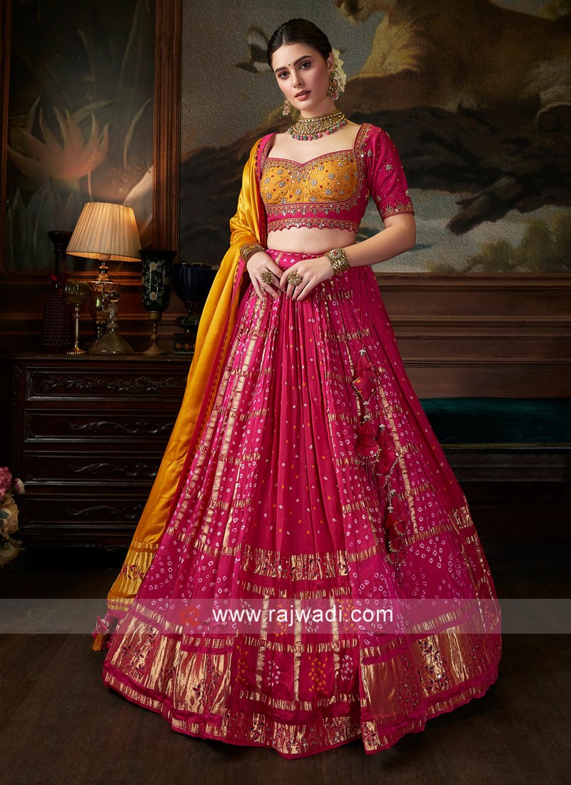 Yellow Bandhani Gathered Blouse Lehenga Set – CoutureYard