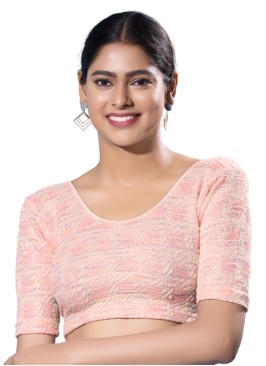 Pink Readymade Blouse In Jacquard Silk With Round Neckline