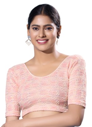 Pink Readymade Blouse In Jacquard Silk With Round Neckline