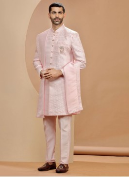 Pink Readymade Indowestern In Silk Fabric