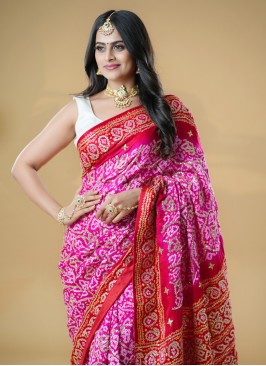 Pink & Red Pure Bandhani Gajji Silk Saree