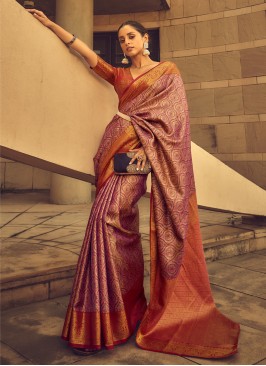 Pink Silk Designer Saree With Weaving Work In Ogee Pattern