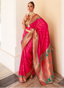 Lovely Deep Pink Woven Embroidered Festive Wear Saree