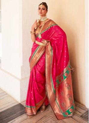 Lovely Deep Pink Woven Embroidered Festive Wear Saree