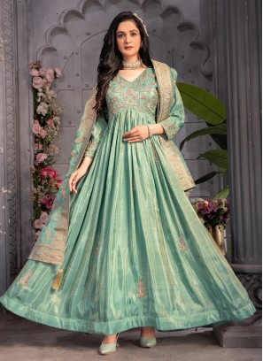 Pista Green Anarkali Dress With Zari Work Dupatta