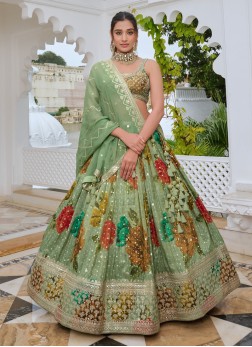 Pista Green Chiffon Silk Wedding Lehenga Choli