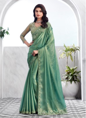 Pista Green Color Sequins Embroidery Shimmer Silk Saree