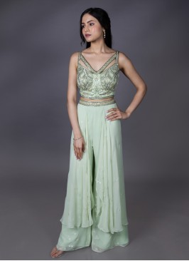 Pista Green Embroidered Georgette Palazzo Suit