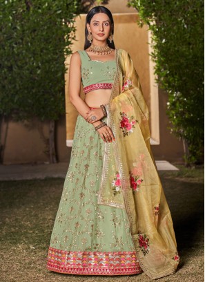 Pista Green Embroidered Lehenga Choli In Georgette