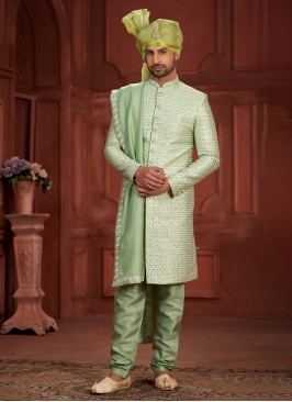Pista Green Embroidered Sherwani Set In Silk