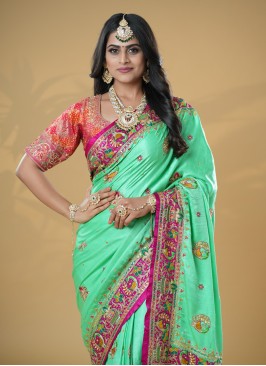 Pista Green Gajji Silk Saree With Unstitched Blouse Piece