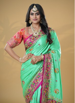 Pista Green Gajji Silk Saree With Unstitched Blouse Piece