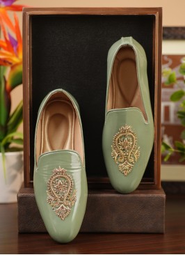 Pista Green Jutti In Leather With Zardosi Embroidered Motif