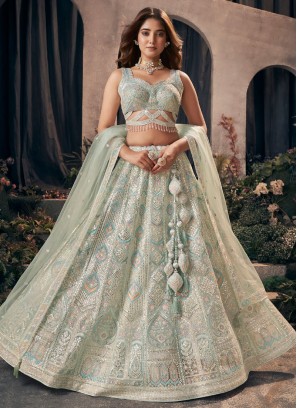 Pista Green Lehenga Choli In Net With Heavy Embroidered Work