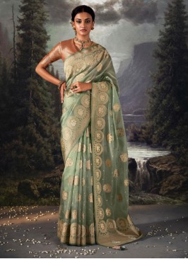 Pista Green Organaza Saree With Unstitched Blouse