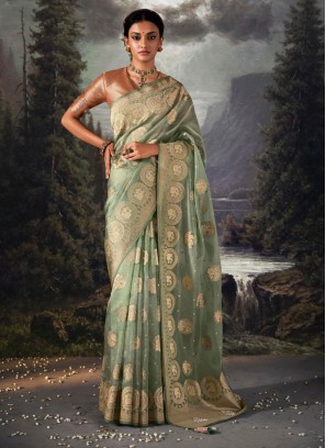 Pista Green Organaza Saree With Unstitched Blouse