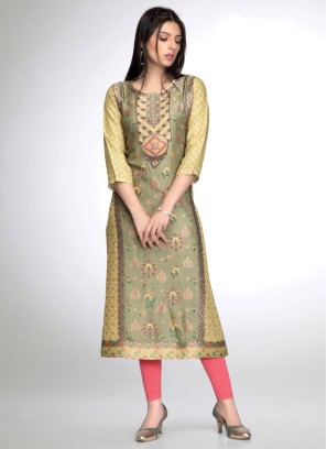 Pista Green Readymade Printed Musin Silk Kurti