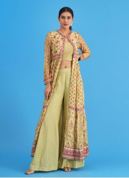 Pista Green Silk Palazzo Set With Long Printed Jacket