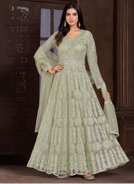 Pista Green Thread Embroidered Anarkali With Dupatta