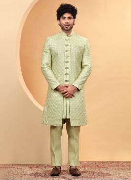 Pista Green Thread Embroidered Jacket Style Silk Indowestern For Men