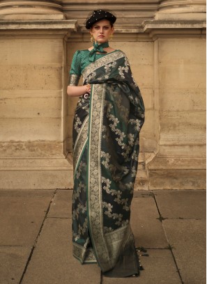 Designer Dark Green Zari Woven Satin Silk Saree