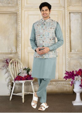 Powder Blue Embroidered Nehru Jacket Set