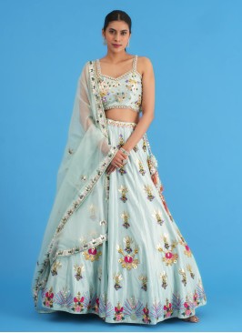 Elegant Powder Blue Silk Embroidered Lehenga Choli