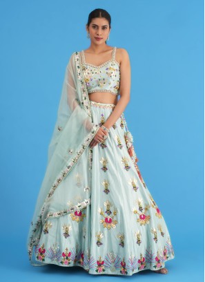 Elegant Powder Blue Silk Embroidered Lehenga Choli