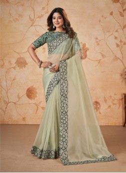 Pista Green Festival Wear Organza Saree