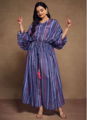Blue Stripe Printed Kaftan Style Gown