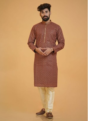 Printed Maroon Color Kurta Pajama For Festive