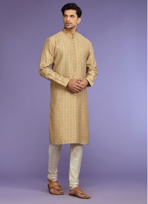 Printed Mustard Yellow Color Kurta Pajama For Festive