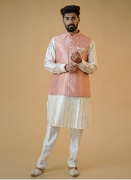 Printed Peach And White Nehru Jacket Set For Men