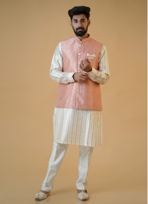 Printed Peach And White Nehru Jacket Set For Men