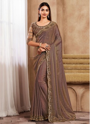 Festive Wear Embroidered Brown Silk Saree