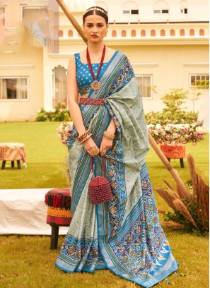 Grey And Sky Blue Patola Printed Silk Saree