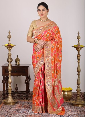 Pure Banarasi Silk Saree In Peach Shaded